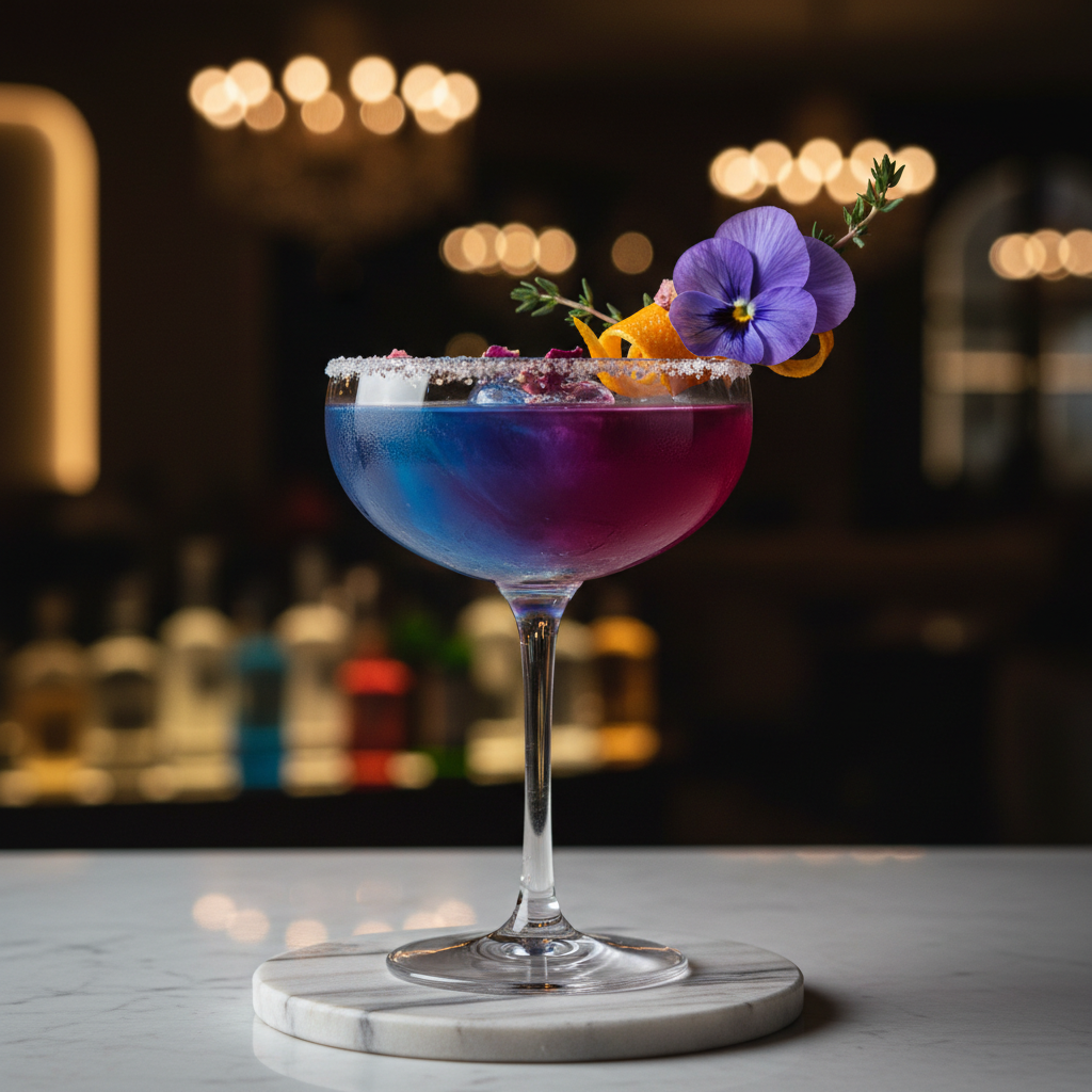 Close-up of a signature specialty cocktail with artistic garnish