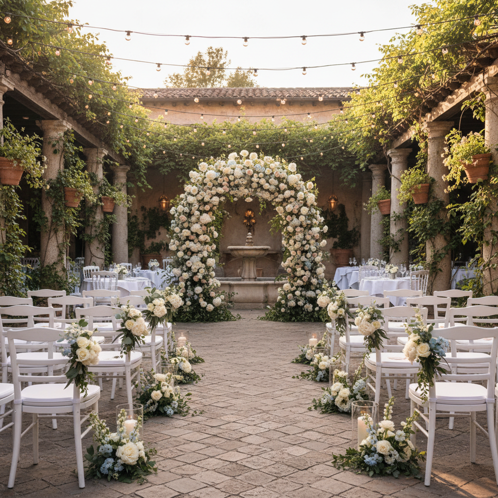 Romantic European courtyard ceremony setup with floral arch and string lights