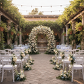 Romantic European courtyard ceremony setup with floral arch and string lights