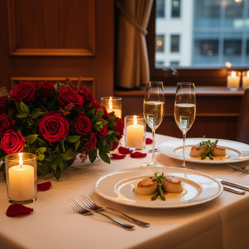 Intimate anniversary dinner table with roses and champagne