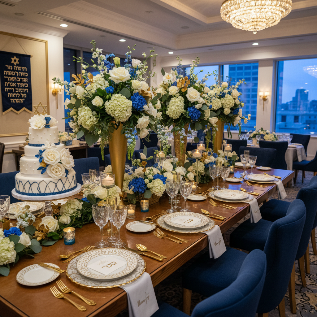 Elegant Bar or Bat Mitzvah reception table with blue and gold decor