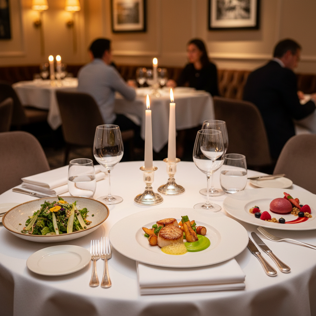 Elegant three-course prix fixe dinner table setting