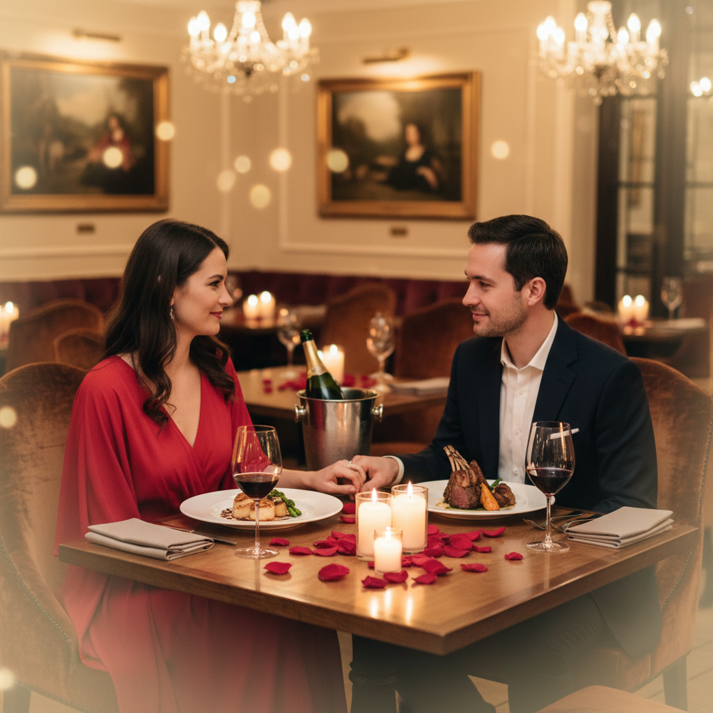 Romantic anniversary celebration dinner in an intimate fine dining restaurant