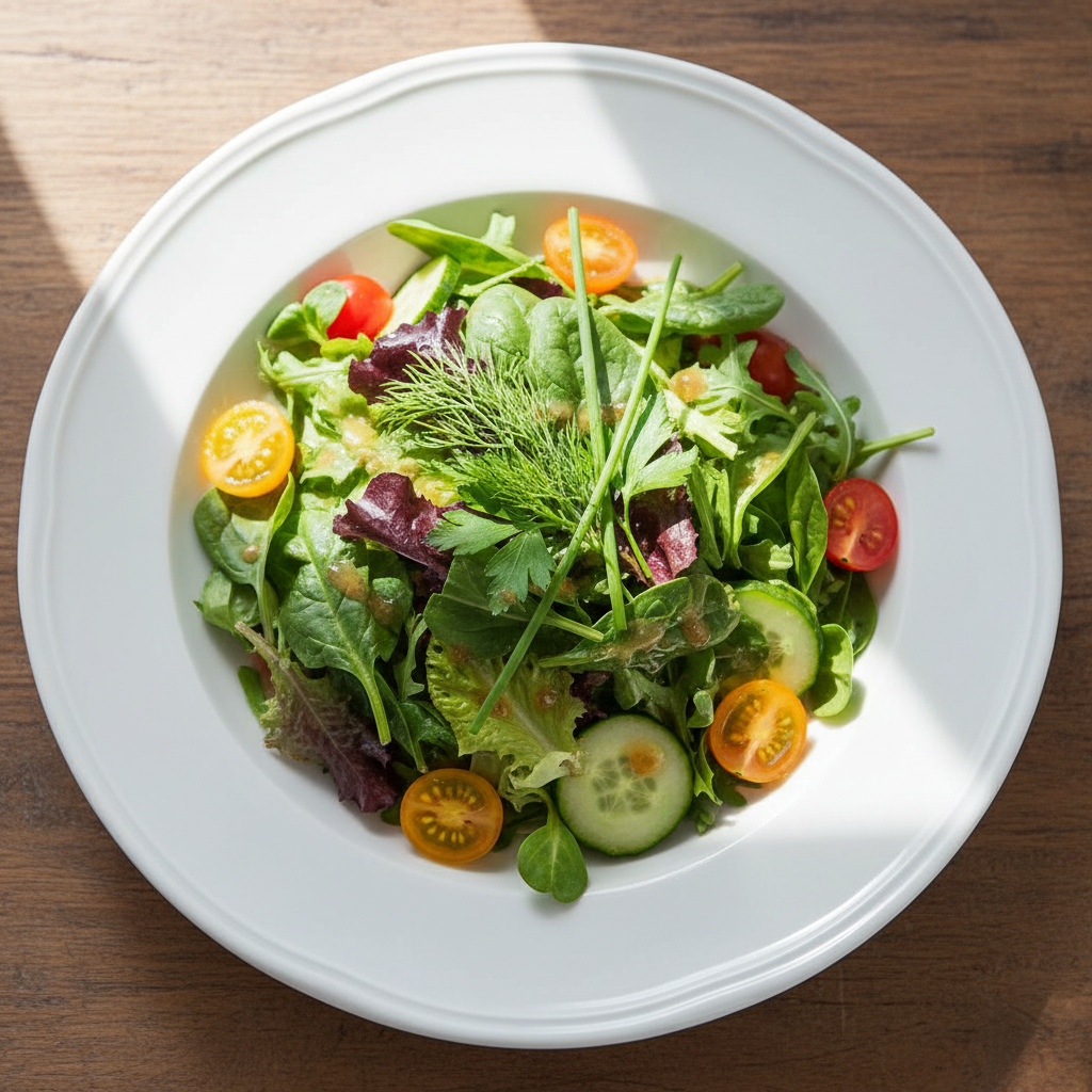 Overhead view of garden fresh house salad with vinaigrette