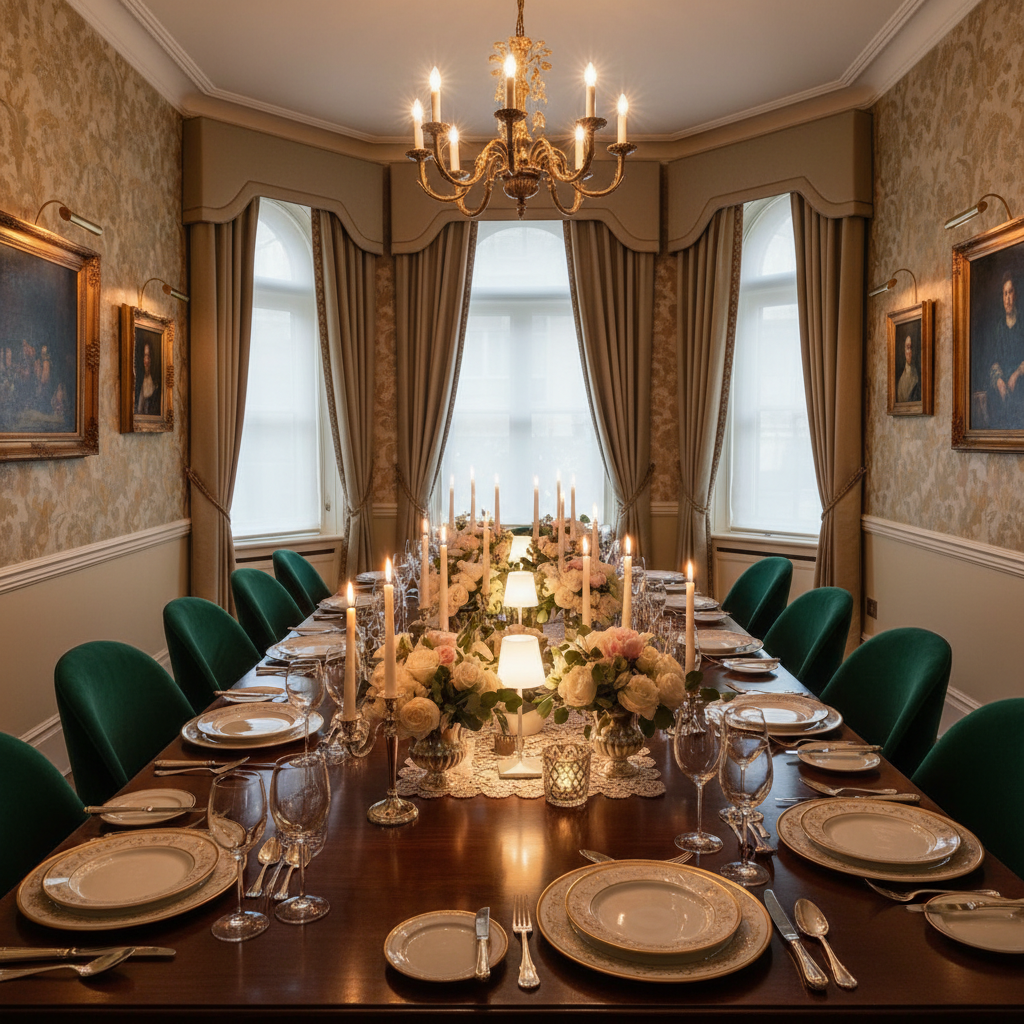 Elegantly decorated private dining room set for a dinner party