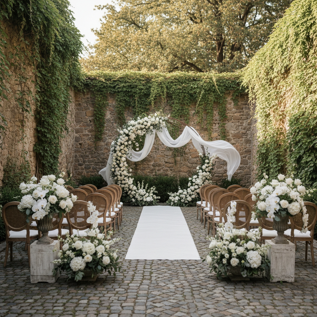 Elegant outdoor courtyard ceremony venue with ivy walls and floral arrangements