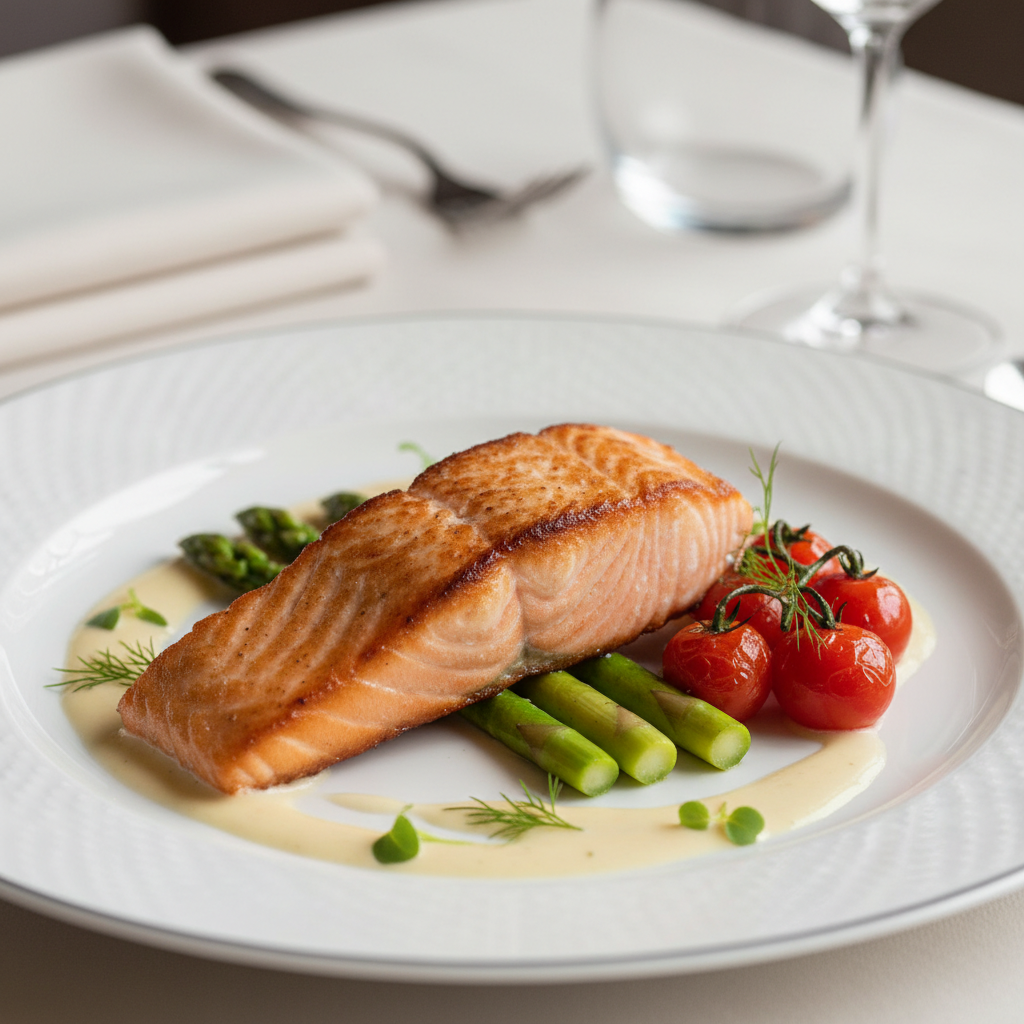 Seared salmon filet with asparagus and beurre blanc sauce