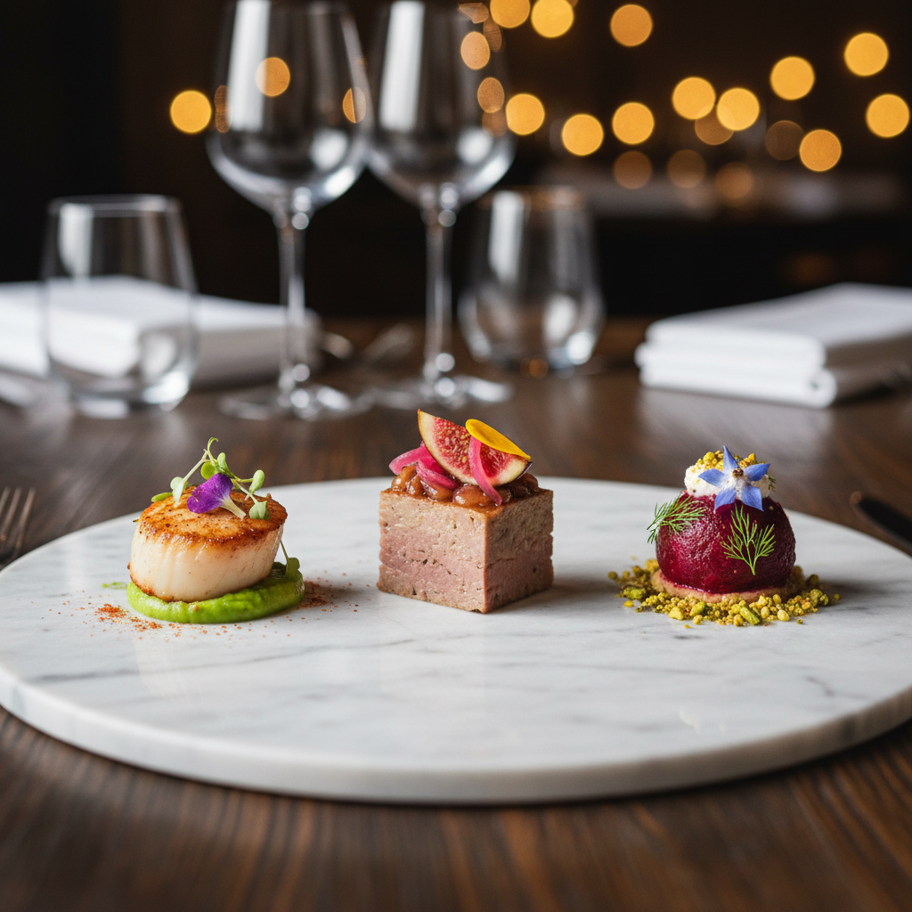 Close-up of chef's gourmet appetizer selection with artistic plating