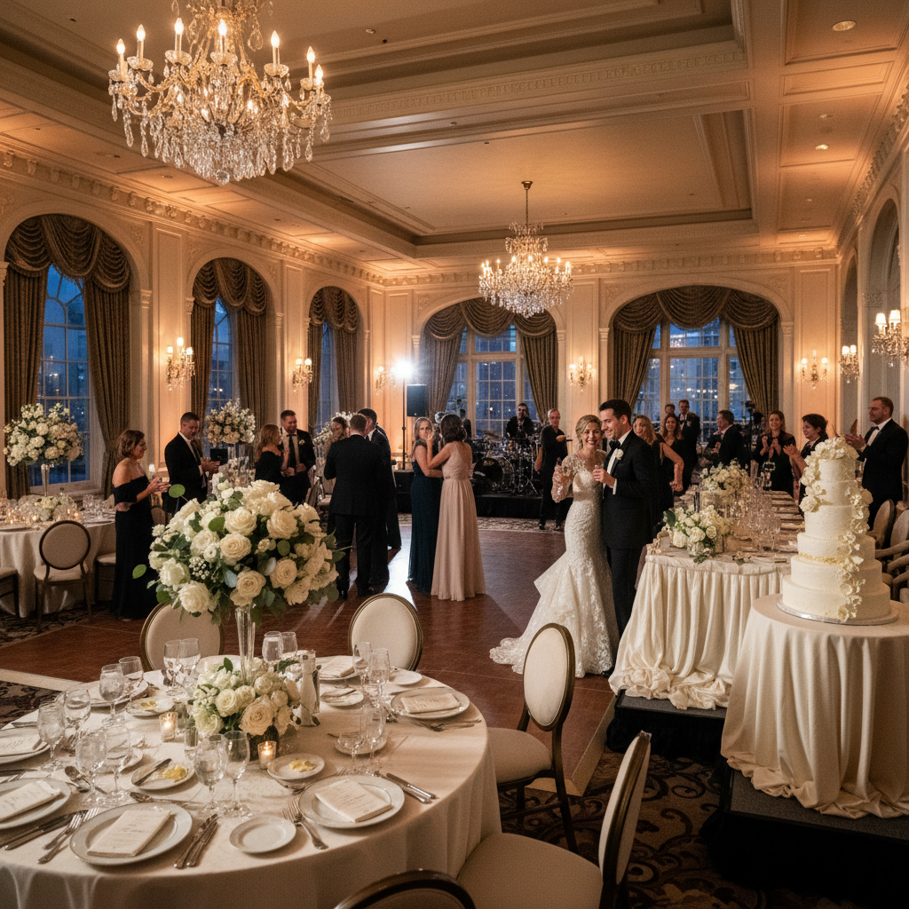 Stunning wedding reception in an elegant ballroom restaurant venue