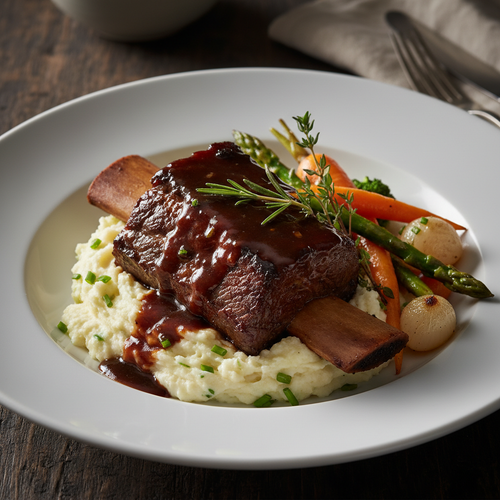 Braised beef short rib with whipped potatoes and dark sauce