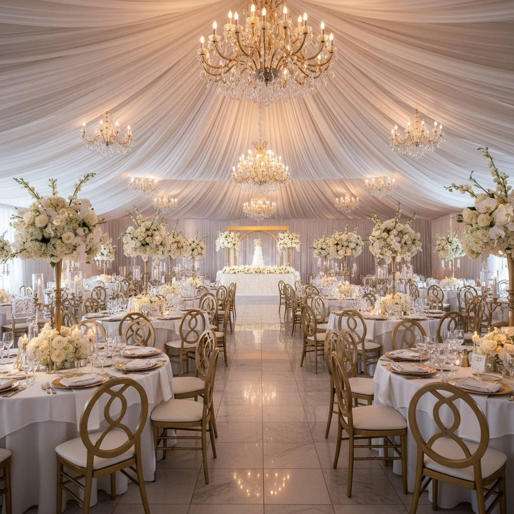Elegant wedding reception ballroom with white and gold decor