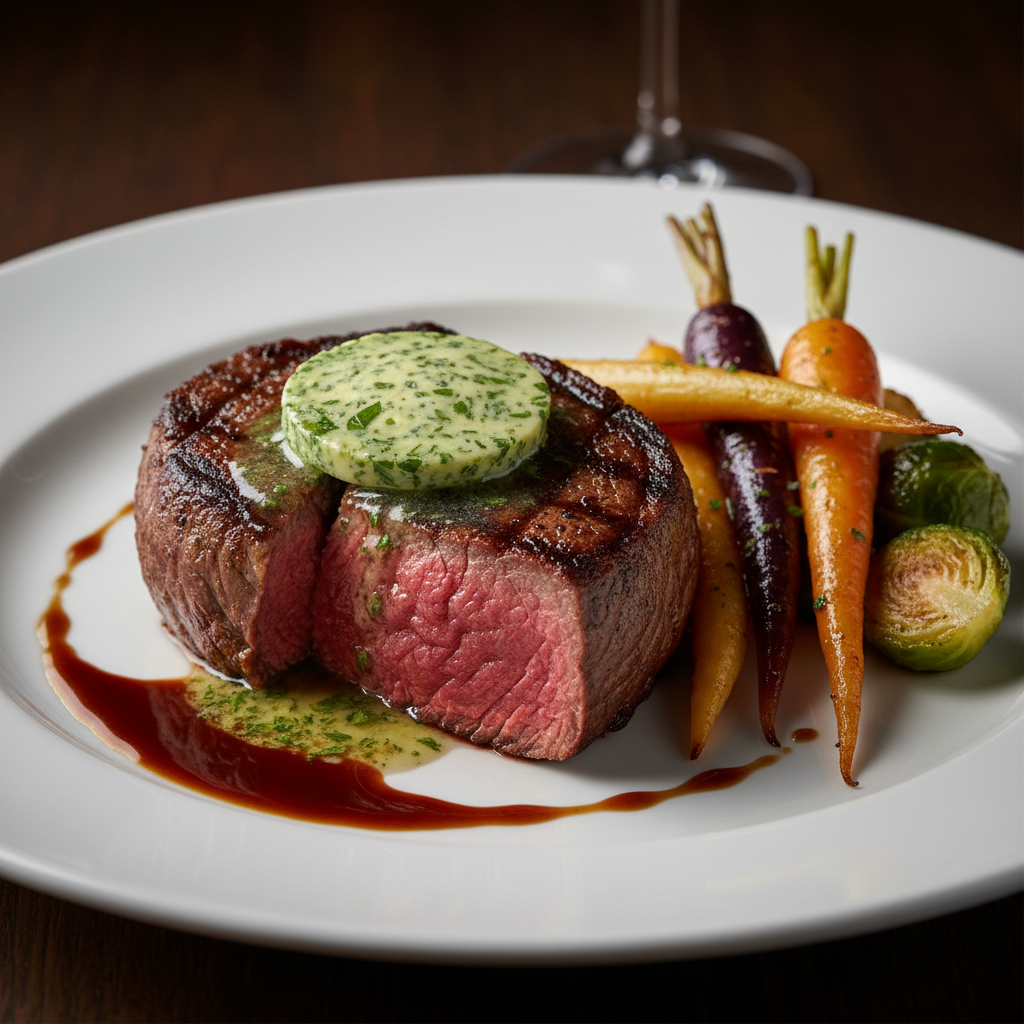 Seared filet mignon with herb butter and roasted vegetables