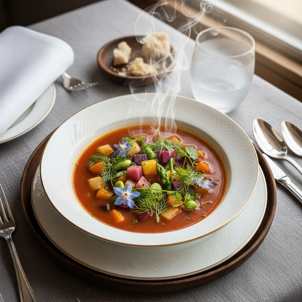 Overhead close-up of seasonal soup in a fine dining bowl