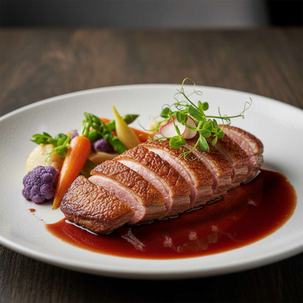 Sliced roasted duck breast with red wine reduction and vegetables