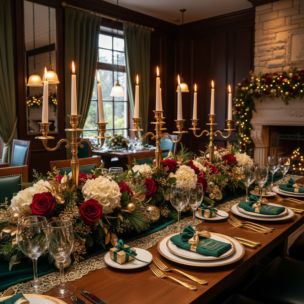 Elegant holiday party table setup with seasonal decor and fine china
