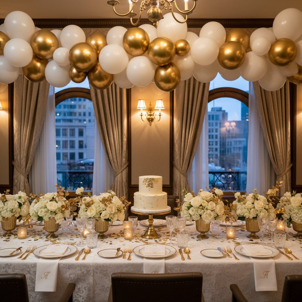 Elegant birthday party table setup with balloons and celebration cake