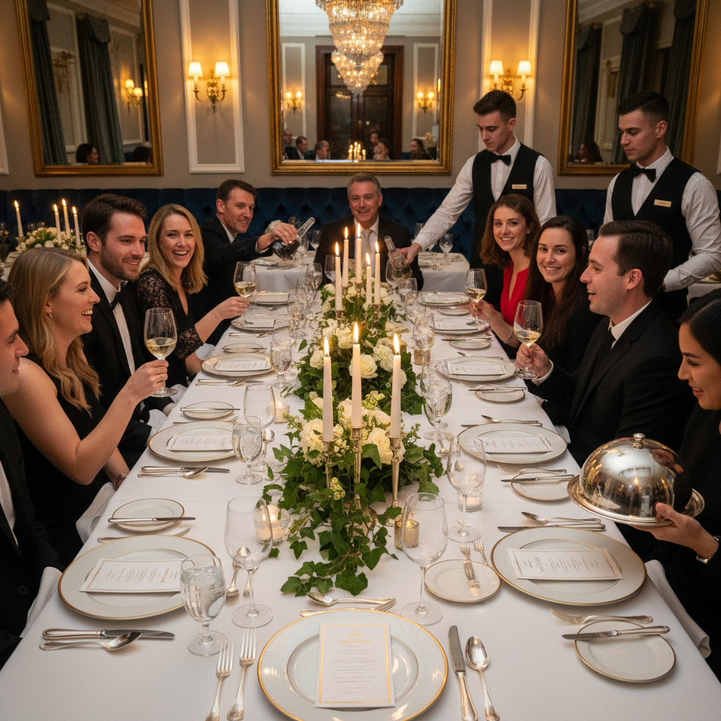 Intimate private dinner party in an elegant restaurant dining room