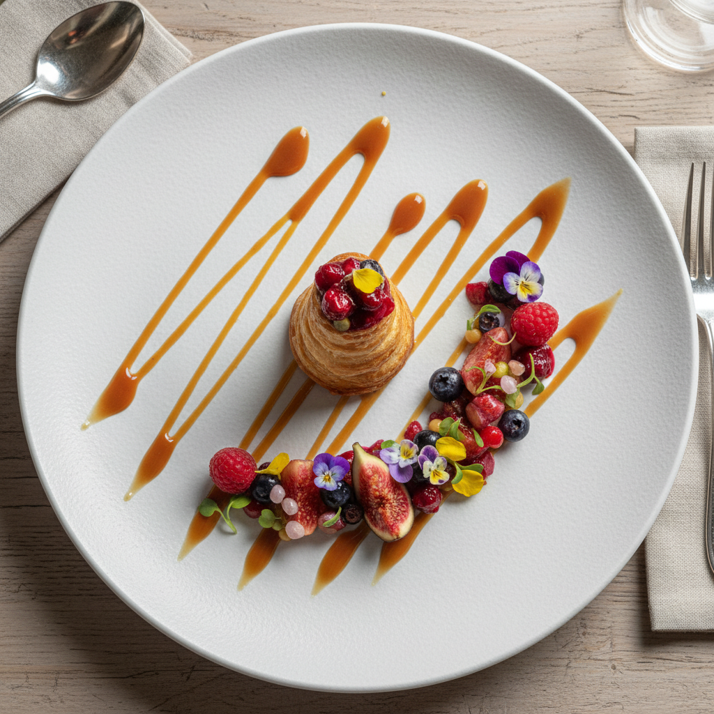 Elegant gourmet pastry dessert with seasonal fruit and caramel