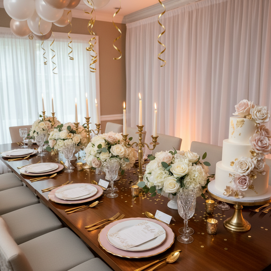 Stunning bridal shower table setup with blush floral centerpieces