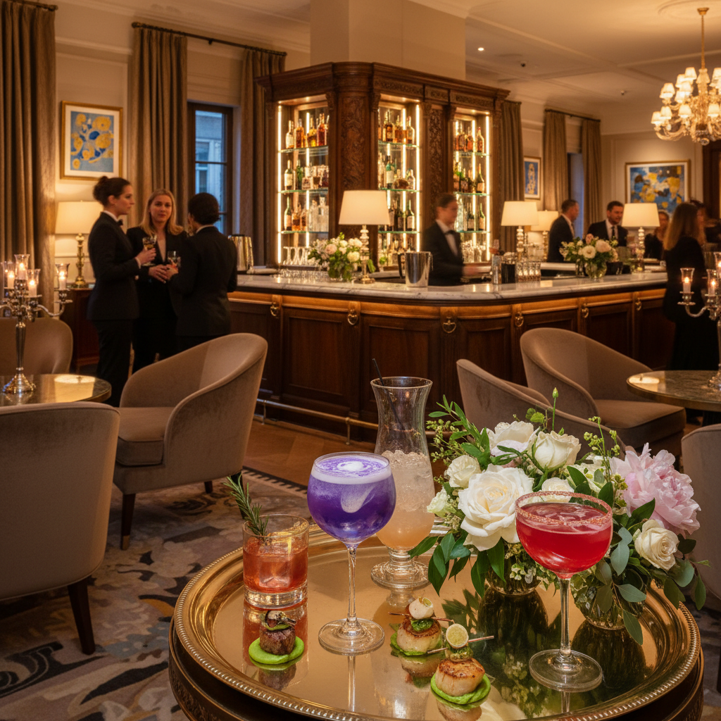 Upscale cocktail hour reception setup with specialty cocktails and appetizers