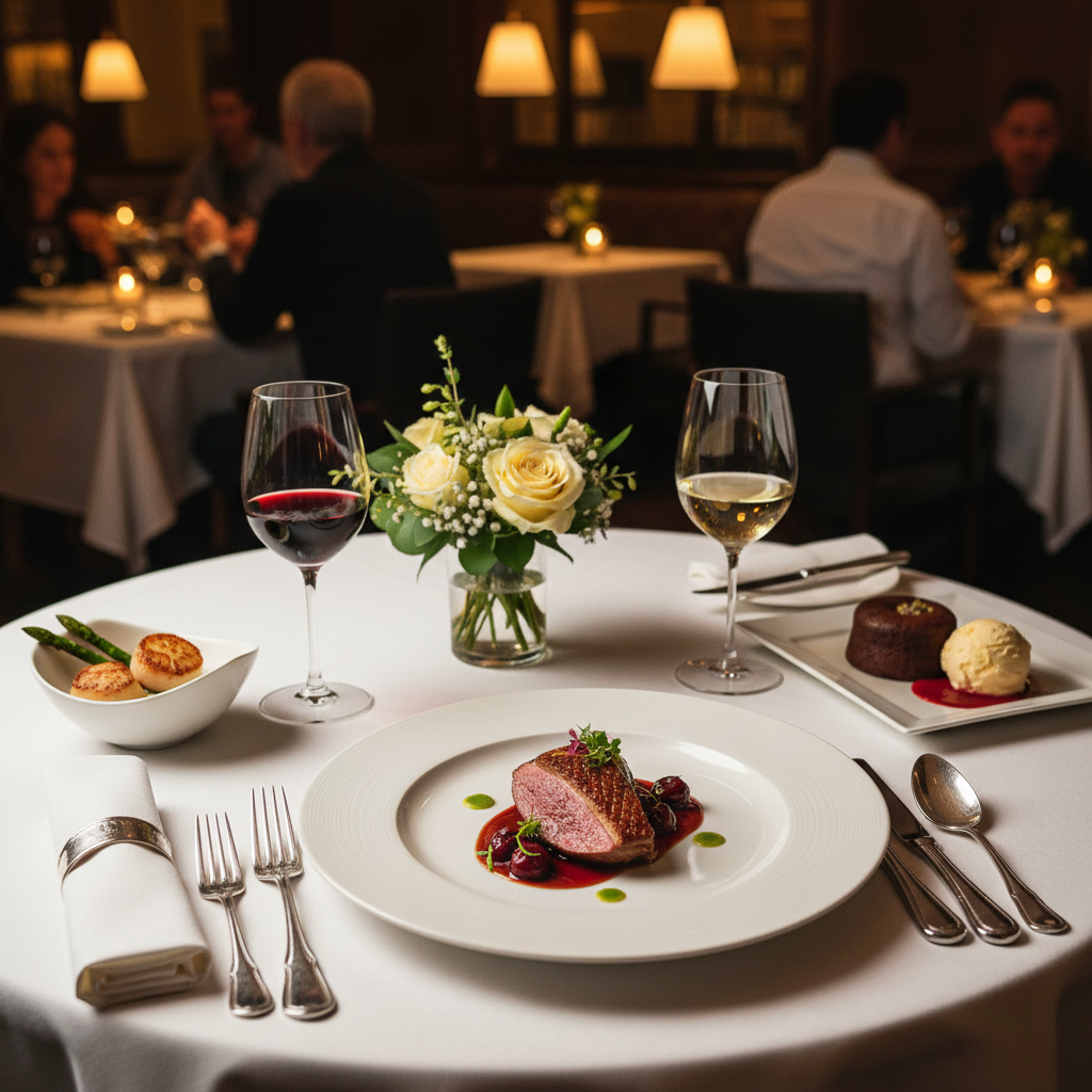 Curated three-course prix fixe dinner gourmet entree presentation