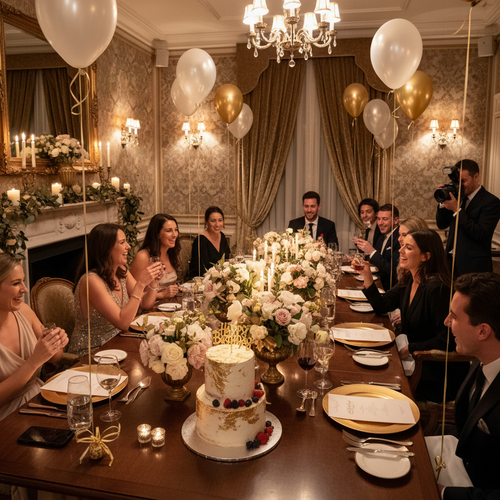 Festive birthday celebration party in an elegant private dining room