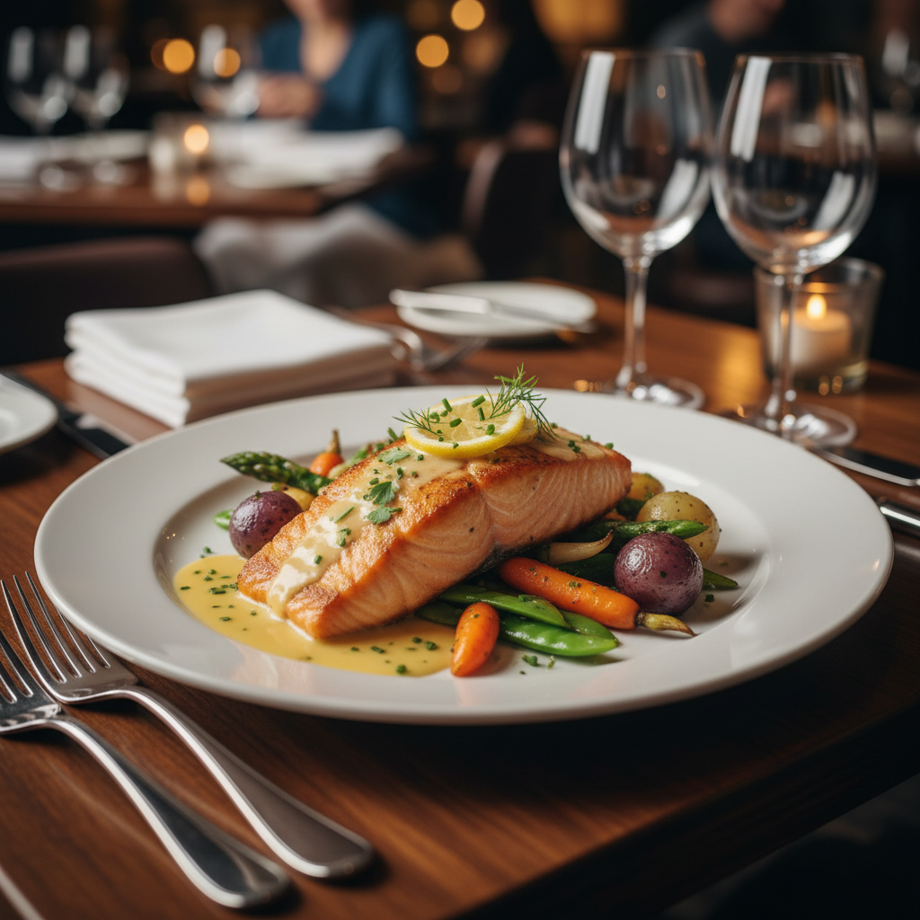 Gourmet fresh salmon filet with seasonal vegetables