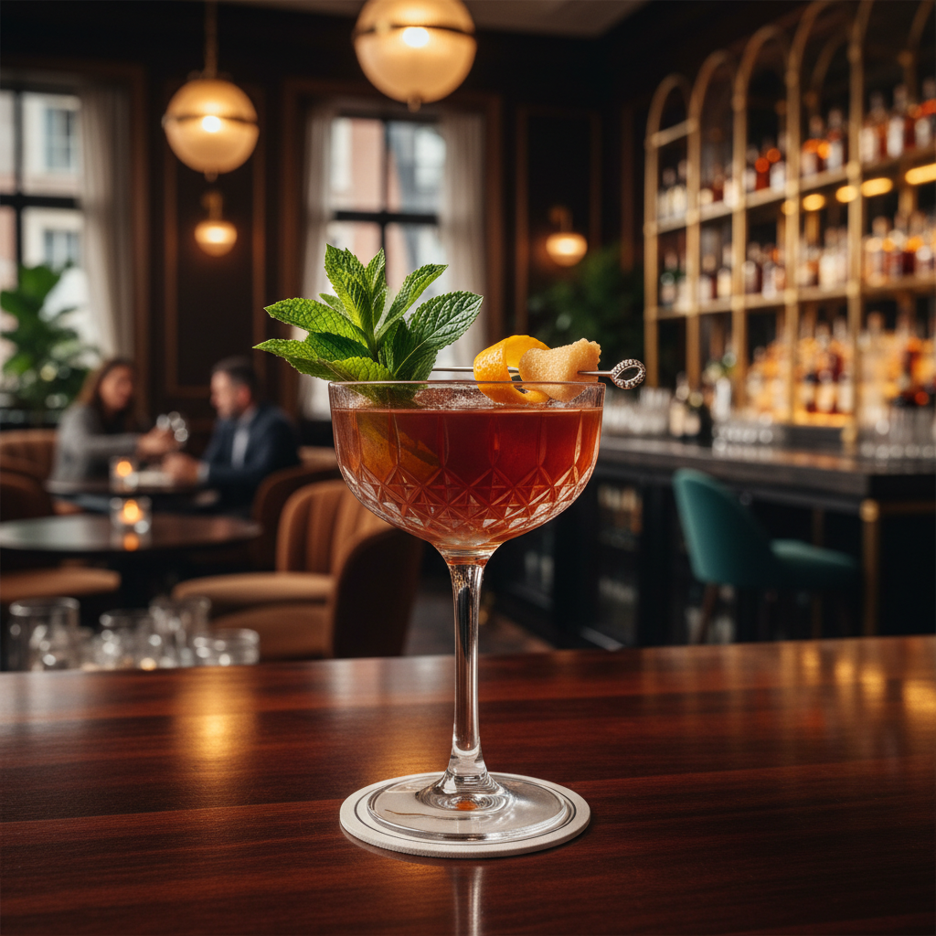 Signature specialty cocktail served in an elegant bar